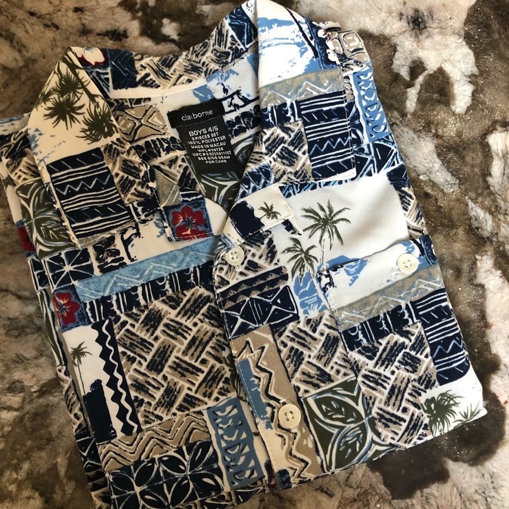 Claiborne Boys Hawaiian Print Button Down Sz 4/5